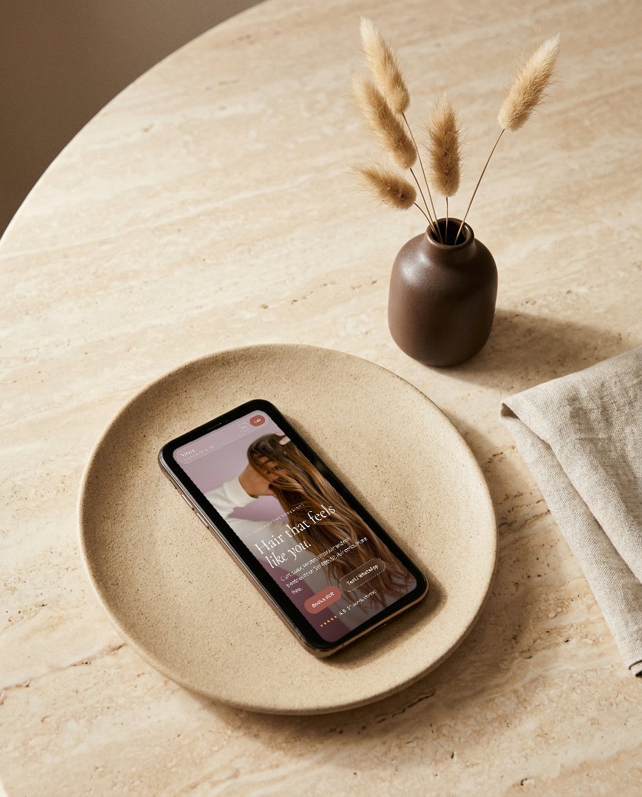 A phone showing a salon website designed by Riri | Web Design